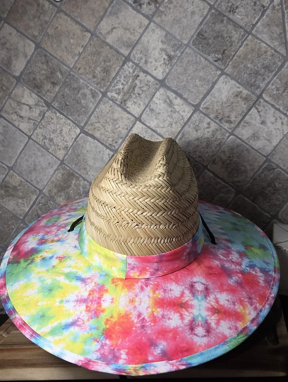 Holden Beach N. C. Lucky 7 Wide Brim Straw Sun Hat - Tie-Dye Brim One Size Adult